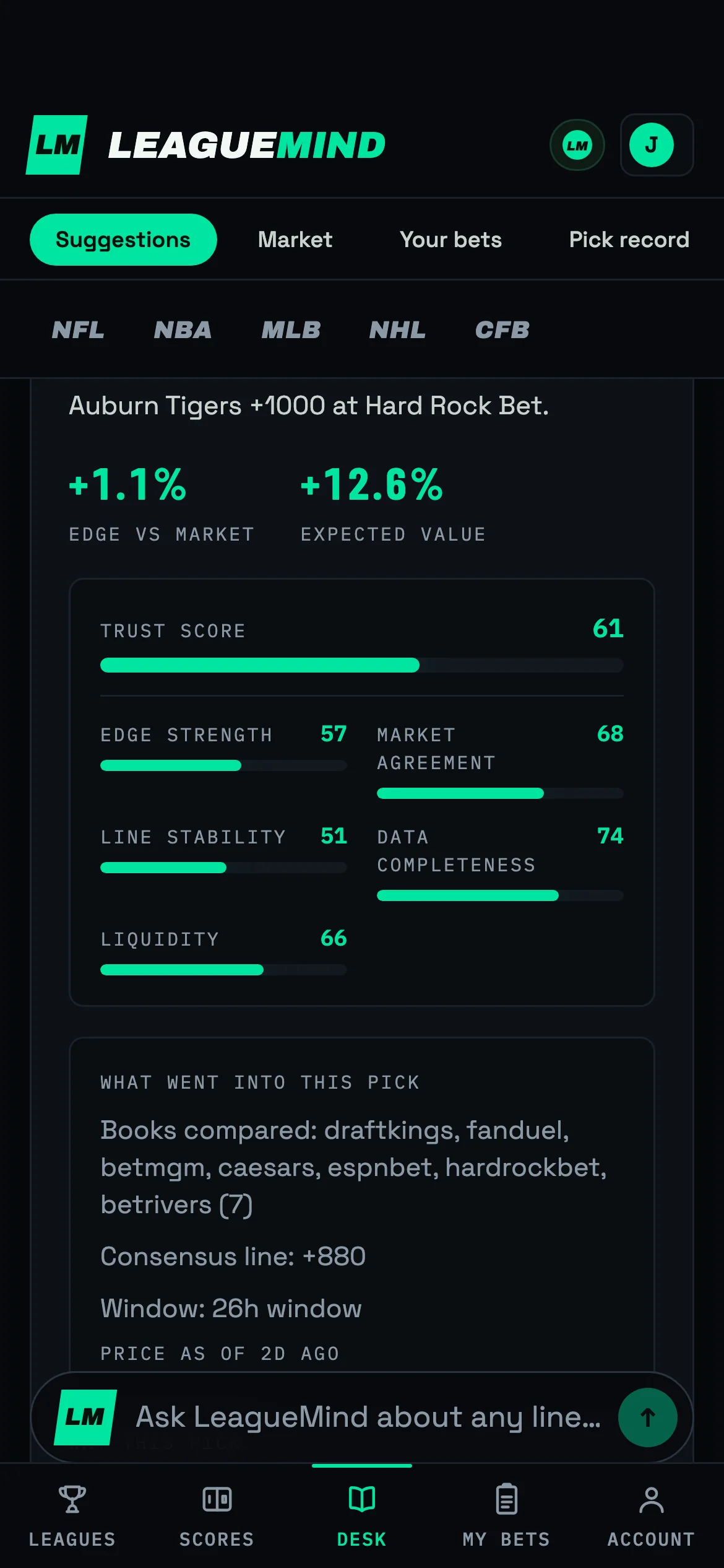 LeagueMind app — Desk suggestions board