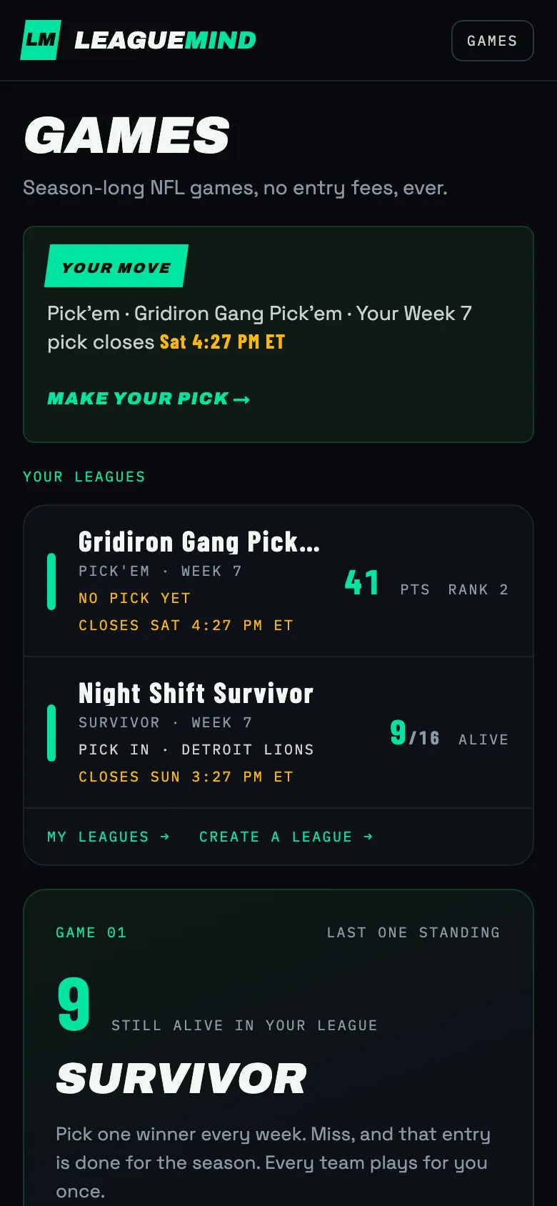 The Games lobby in a demo league: your next pick, your Pick'em and Survivor leagues, and the Survivor room