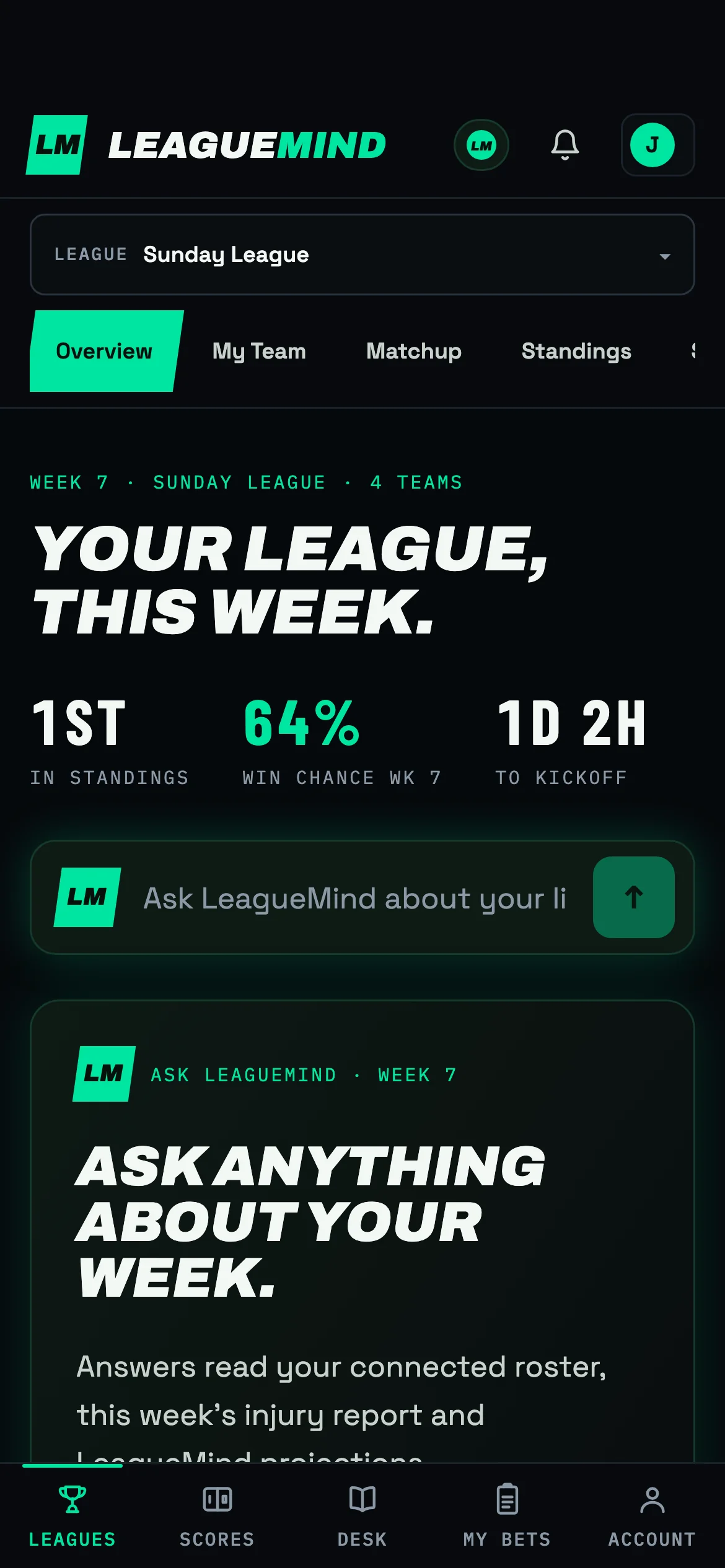 LeagueMind app — Leagues overview, demo league
