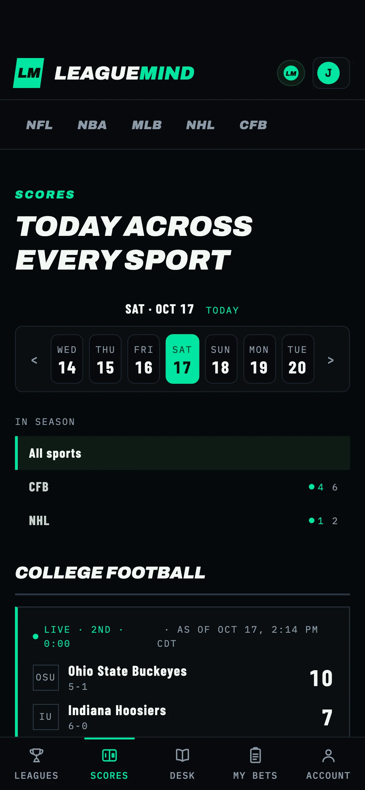 LeagueMind app — Scores, today across every sport