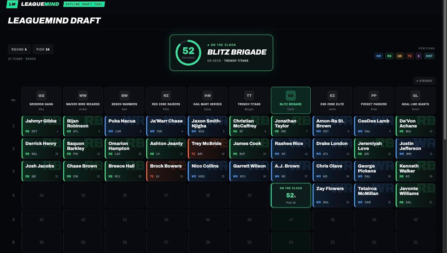 A LeagueMind draft board on a big screen mid-draft: 10-team snake grid, color-coded picks by position, and a 52-second pick timer running