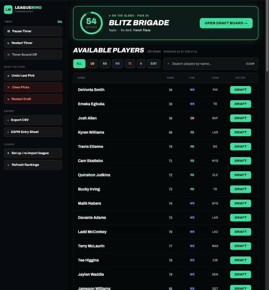 The commissioner panel during the same draft: the on-the-clock team and pick timer up top, and a ranked, searchable list of available players with one-click Draft buttons